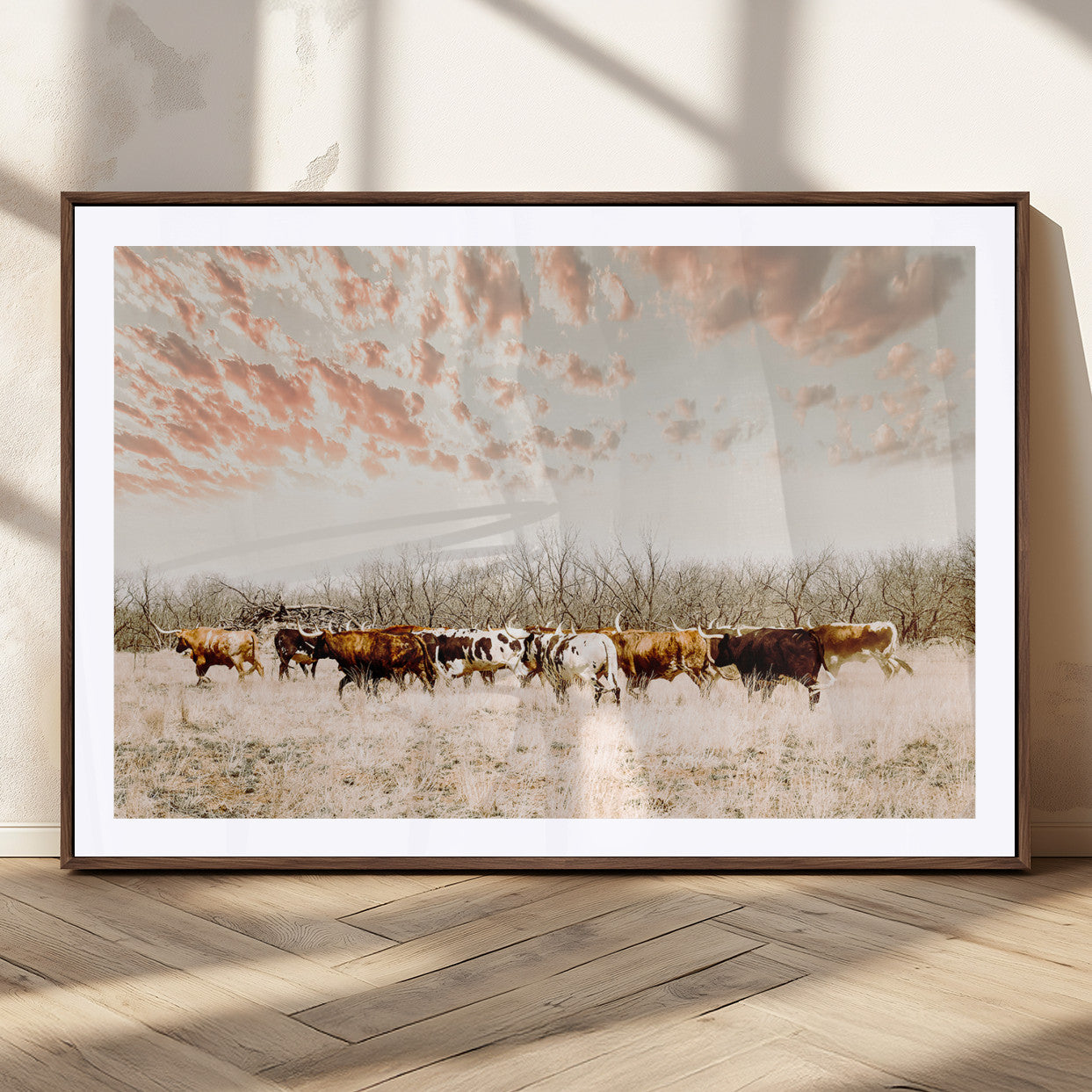 43704663-MGC-FP-36x24_Walnut-Country Cow Herd Wall Art Canvas Print, Framed Farmhouse Cattle Scene Art Picture Print, Rustic Ranch Decor Perfect Rustic