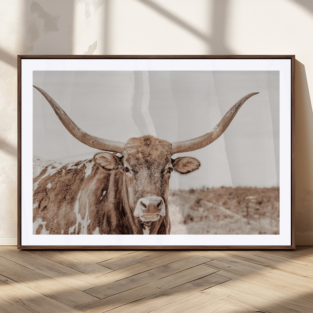 77810049-MGC-FP-36x24_Walnut-Longhorn Bull Photo Wall Art Canvas Print, Framed Rustic Cow Decor Art Picture Print, Neutral Farmhouse Style Perfect Rustic