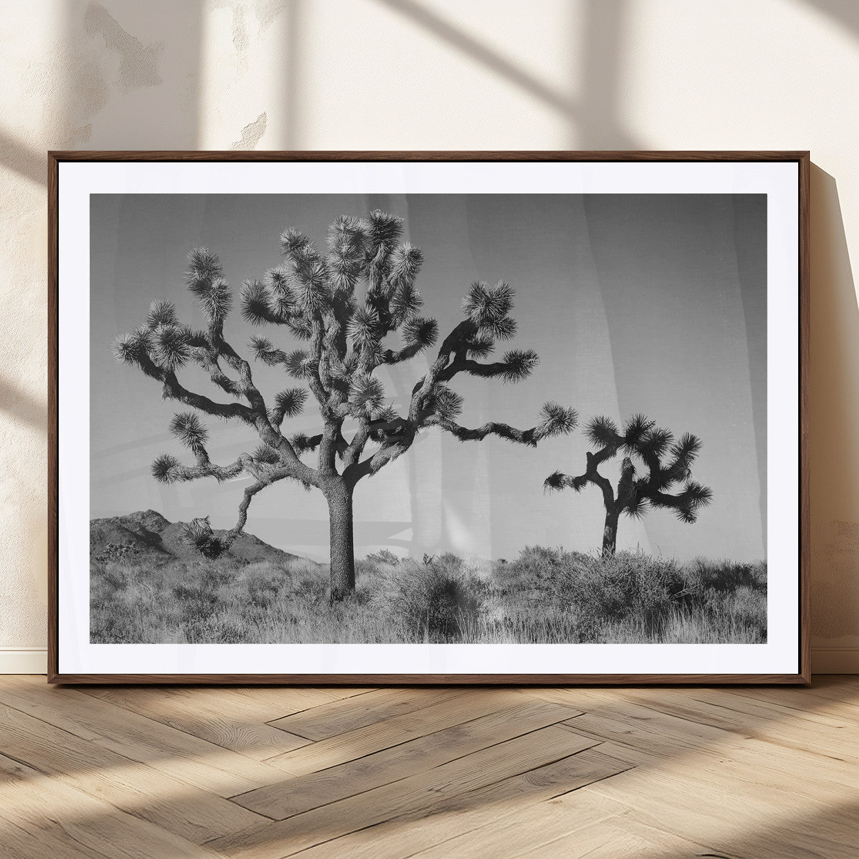 93692513-MGC-FP-36x24_Walnut-Joshua Tree Wall Art Canvas Print, Framed Monochrome Desert Art Picture Print, Minimalist Nature Scene Perfect Southwestern