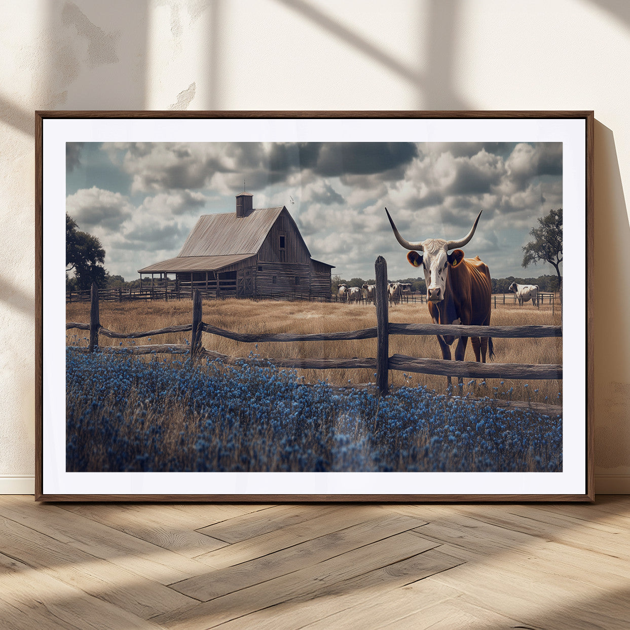 51092814-MGC-FP-36x24_Walnut-Texas Longhorn Wall Art Wall Art Canvas Print, Framed Rustic Barn Canvas Art Picture Print, Farmhouse Cow Decor Perfect Rustic