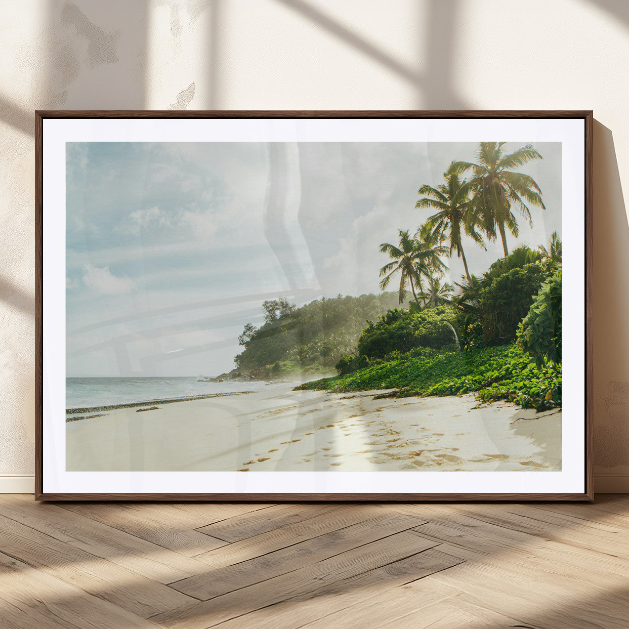 42984524-MGC-FP-36x24_Walnut-Relaxing Beach Wall Art Canvas Print, Framed Ocean View Art Picture Print, Coastal Serenity Perfect Tropical Coastal Decor Artwork