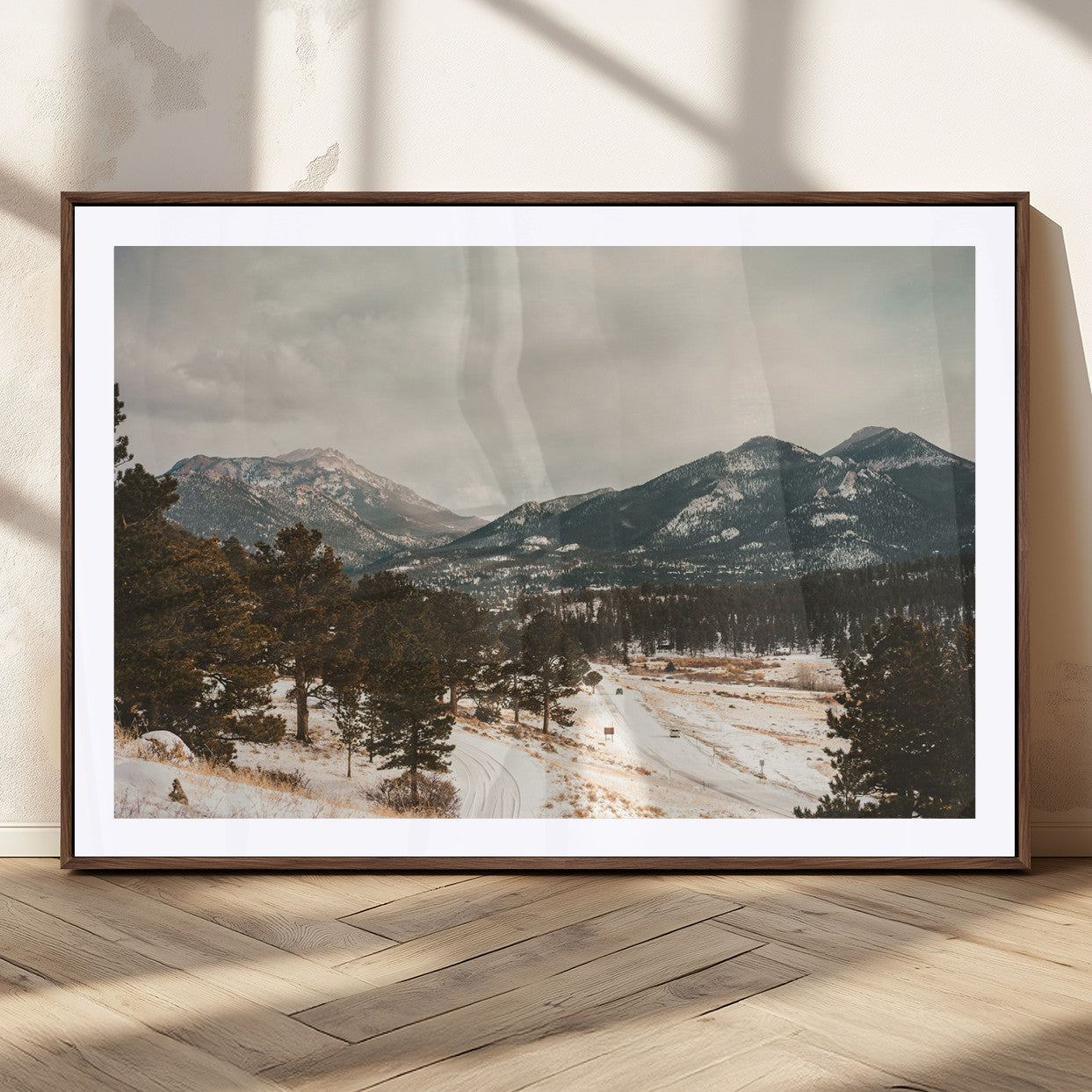 77311749-MGC-FP-36x24_Walnut-Mountain Landscape Wall Art Canvas Print, Framed Snowy Peaks Art Picture Print, Alpine Aesthetic Perfect Rustic Winter Decor