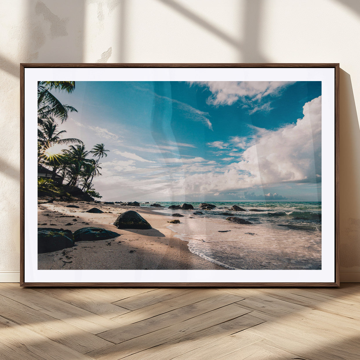 95301406-MGC-FP-36x24_Walnut-Tropical Beach Wall Art Canvas Print, Framed Ocean Waves Art Picture Print, Relazxing Seascape Perfect Tropical Coastal Decor