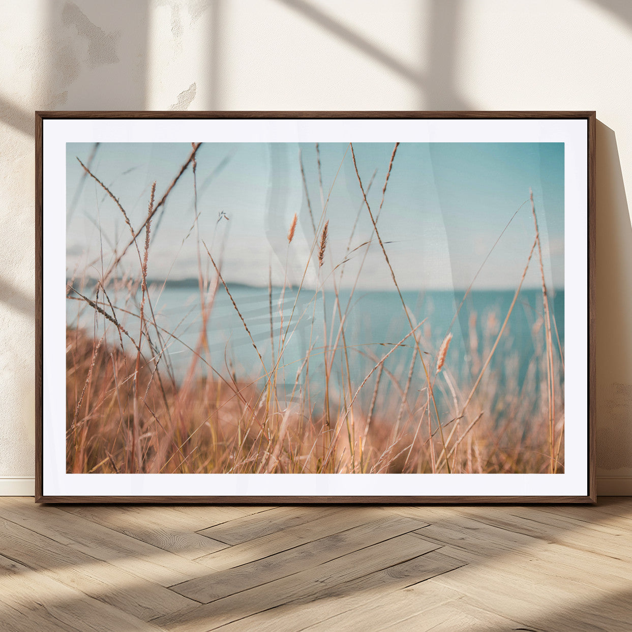 36108696-MGC-FP-36x24_Walnut-Coastal Grass Wall Art – Serene Ocean View Canvas Print, Beach Nature Photography Decor for Living Room, Bedroom, Office or Modern