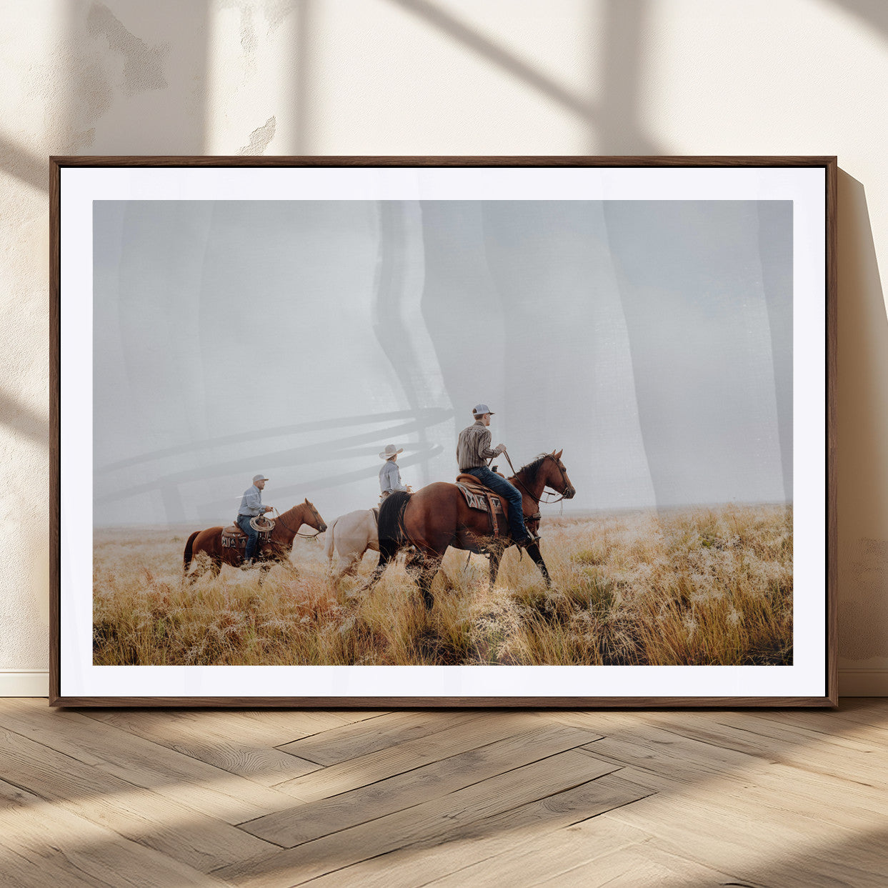 94723307-MGC-FP-36x24_Walnut-Western Cowboys Wall Art Canvas Print, Framed Rustic Prairie Art Picture Print, Horseback Riding Perfect Rustic Western Decor