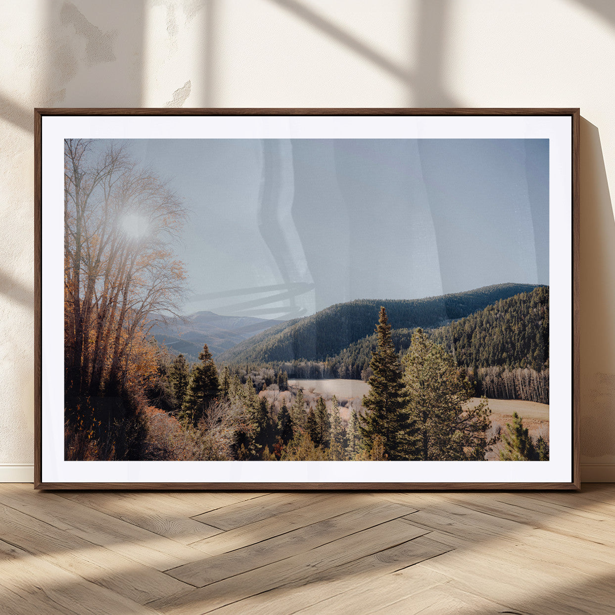 52941305-MGC-FP-36x24_Walnut-Rustic Landscape Wall Art Canvas Print, Framed Serene Valley Art Picture Print, Pine Tree Horizon Perfect Rustic Cabin Decor