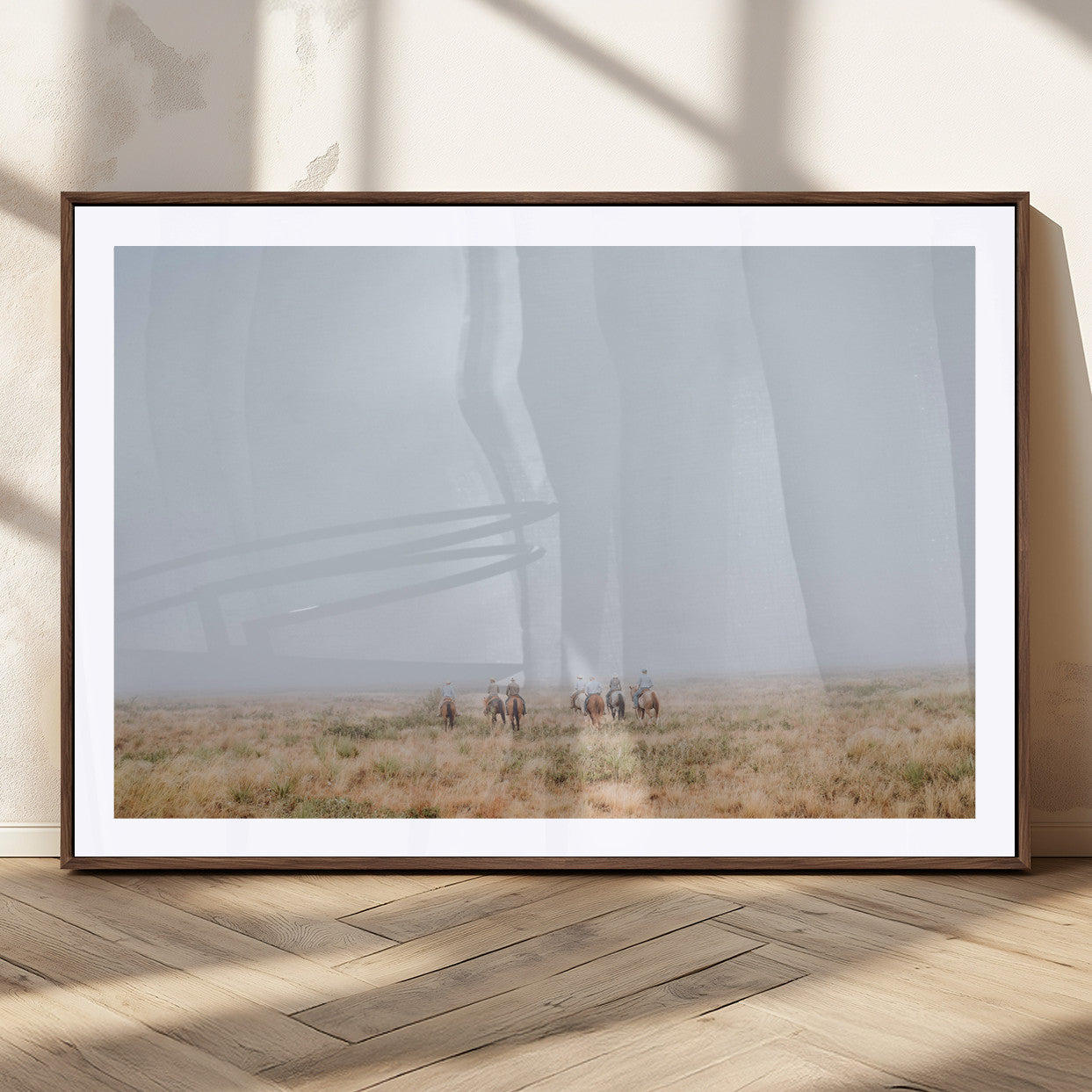 14761944-MGC-FP-36x24_Walnut-Foggy Plains Wall Art Canvas Print, Framed Horseback Riders Art Picture Print, Rustic Western Perfect Rustic Western Decor Artwork