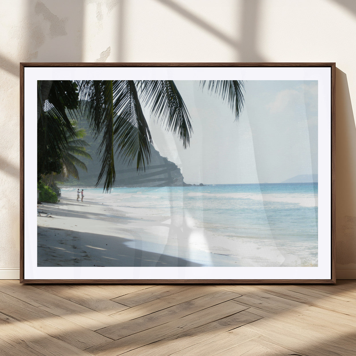 18311030-MGC-FP-36x24_Walnut-Tropical Beach Wall Art Canvas Print, Framed Serene Ocean Art Picture Print, Palm Tree Shadows Perfect Tropical Coastal Decor