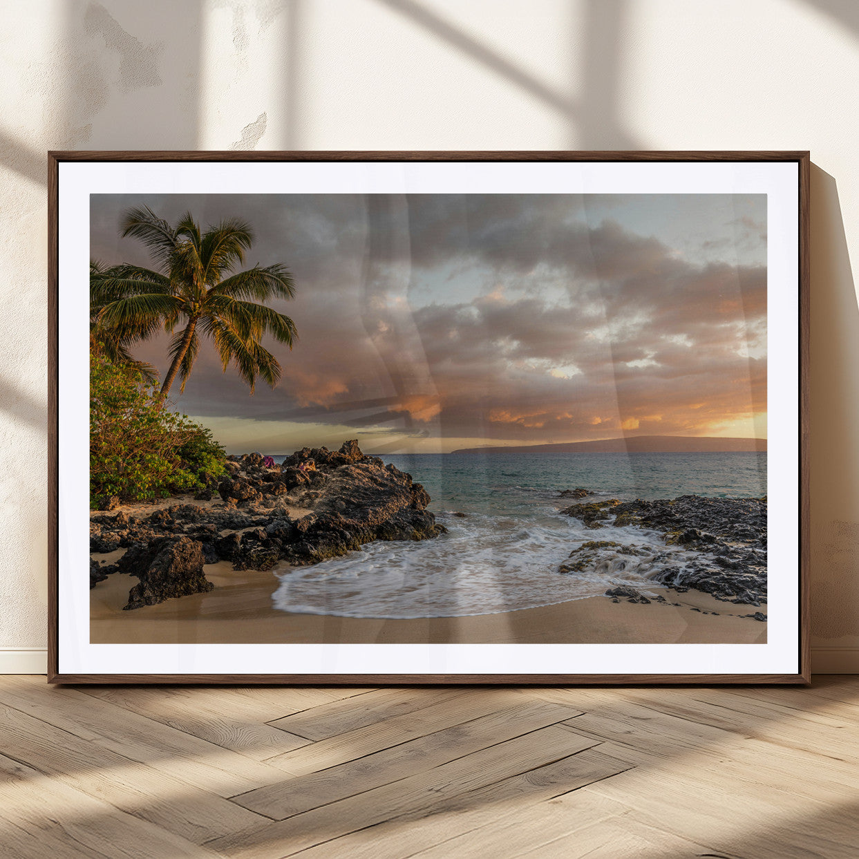 55108220-MGC-FP-36x24_Walnut-Tropical Beach Wall Art Canvas Print, Framed Hawaiian Sunset Art Picture Print, Ocean Waves Perfect Coastal Tropical Decor Artwork