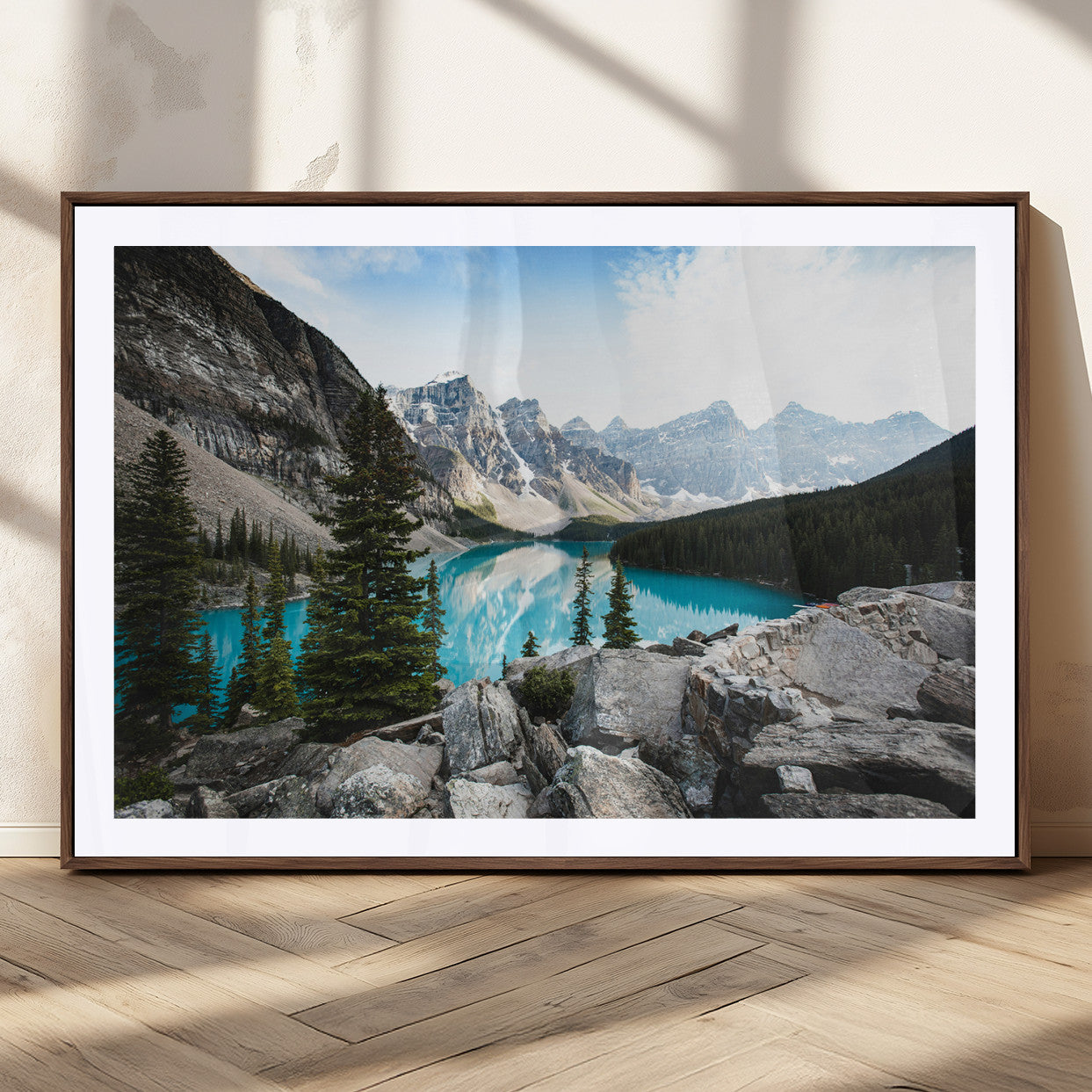 98014896-MGC-FP-36x24_Walnut-Canadian Rockies Wall Art Canvas Print, Framed Mountain Landscape Art Picture Print, Turquoise Water Perfect Scandinavian