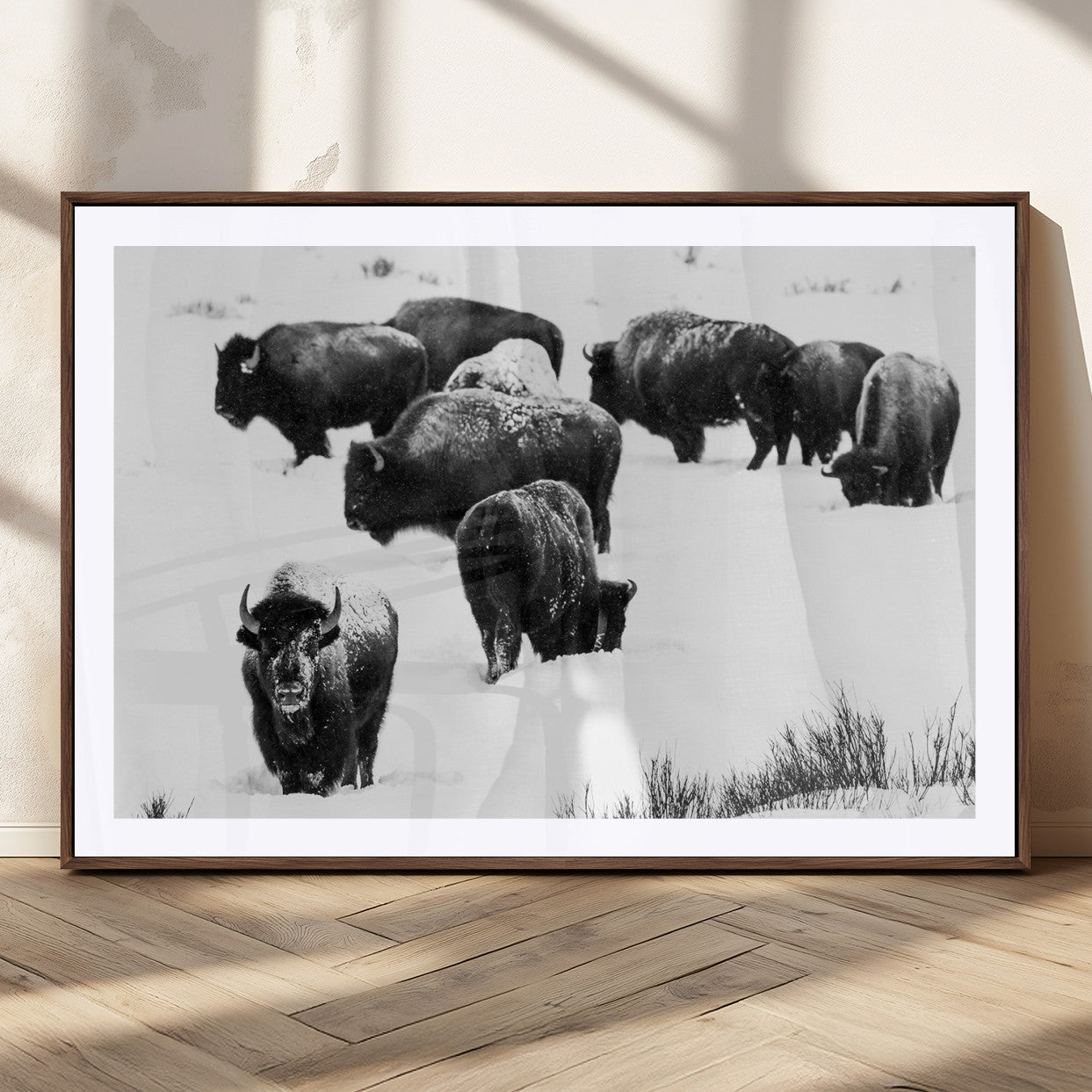 18914414-MGC-FP-36x24_Walnut-Buffalo Herd Wall Art Canvas Print, Framed Black and White Art Picture Print, Snowy Landscape Perfect Rustic Lodge Decor Decor
