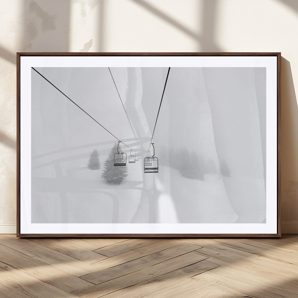 20216390-MGC-FP-36x24_Walnut-Ski Lift Wall Art Canvas Print, Framed Snowy Landscape Art Picture Print, Alpine Adventure Perfect Nordic Minimalist Decor Artwork