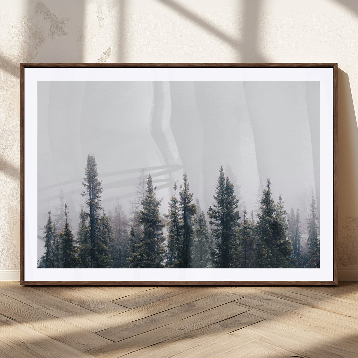 42364796-MGC-FP-36x24_Walnut-Foggy Forest Wall Art Canvas Print, Framed Misty Pines Art Picture Print, Moody Woodland Perfect Scandinavian Minimalist Decor