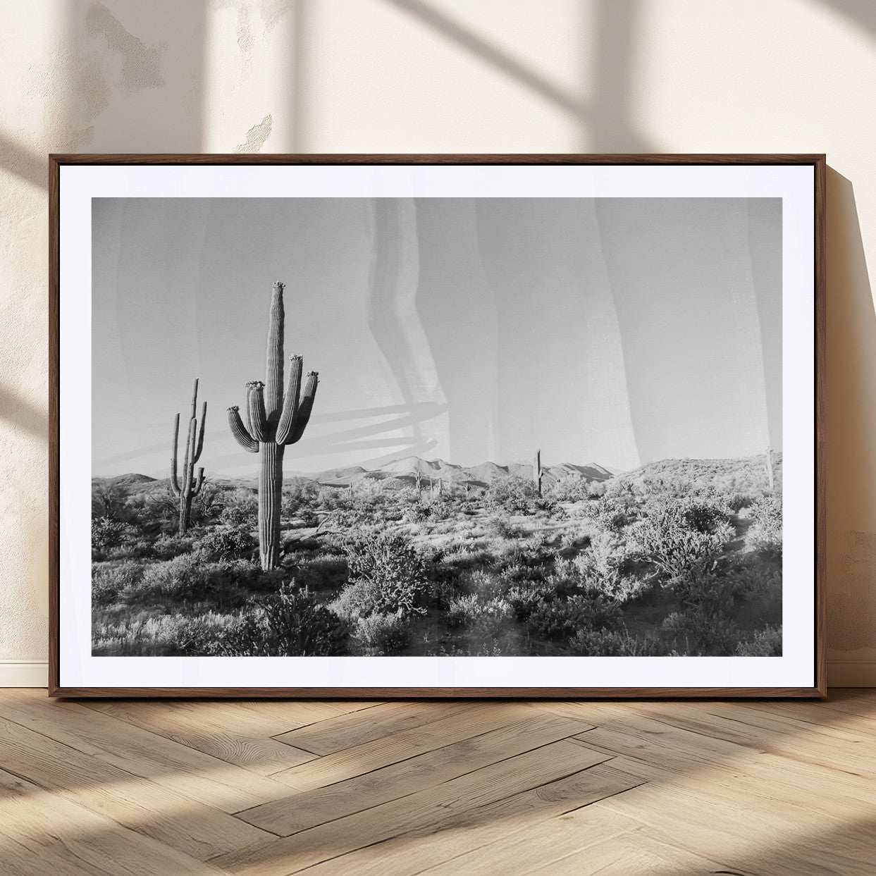 85205054-MGC-FP-36x24_Walnut-Saguaro Cactus Wall Art Canvas Print, Framed Monochrome Landscape Art Picture Print, Scenic Arizona View Perfect Minimalist