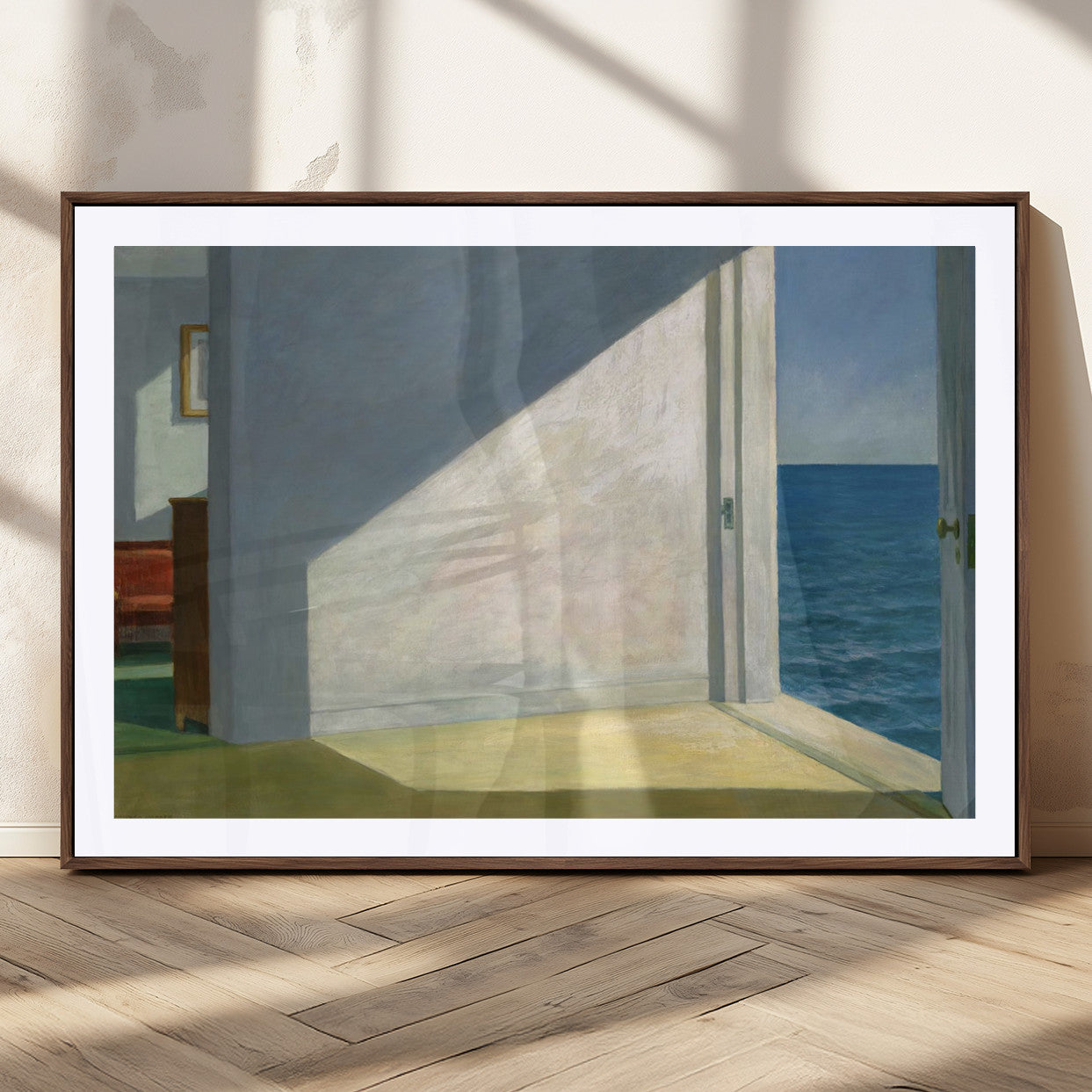 34188481-MGC-FP-36x24_Walnut-Coastal Sunlight Wall Art – Minimalist Ocean View Canvas Print, Serene Beach House Inspired Decor for Bedroom, Living Room,