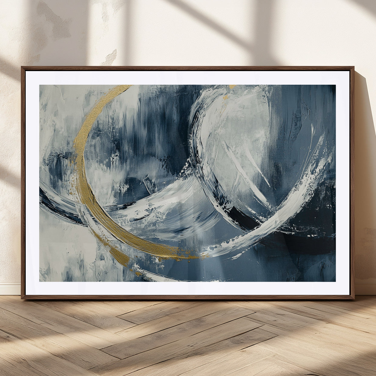 97295757-MGC-FP-36x24_Walnut-Abstract Blue and Gold Wall Art – Modern Luxury Canvas Print, Navy White Brushstroke Painting, Contemporary Living Room Office