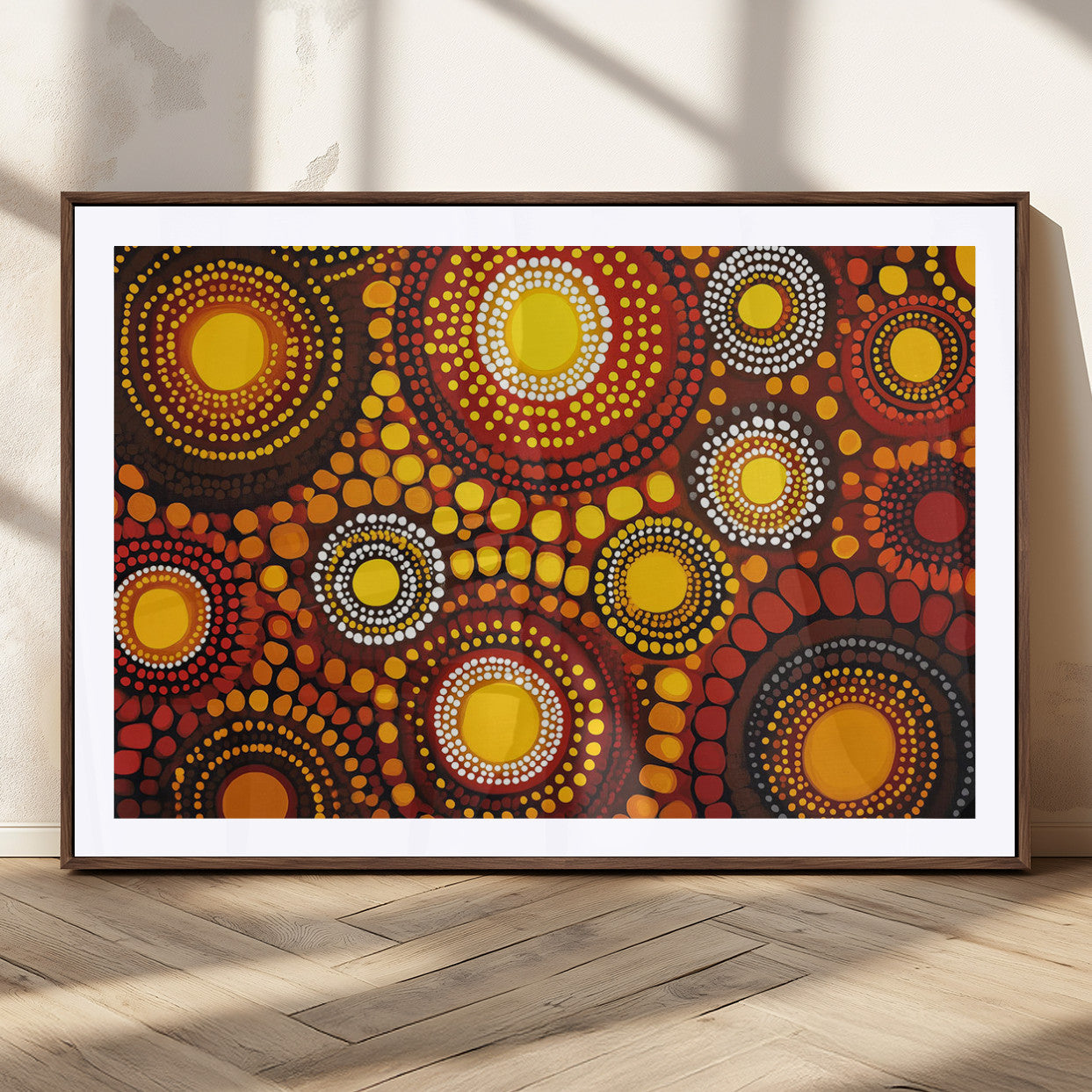 81120549-MGC-FP-36x24_Walnut-Abstract Dot Painting Wall Art – Vibrant Tribal Boho Style Canvas Print with Sunburst Mandala Circles in Warm Red, Yellow, Orange