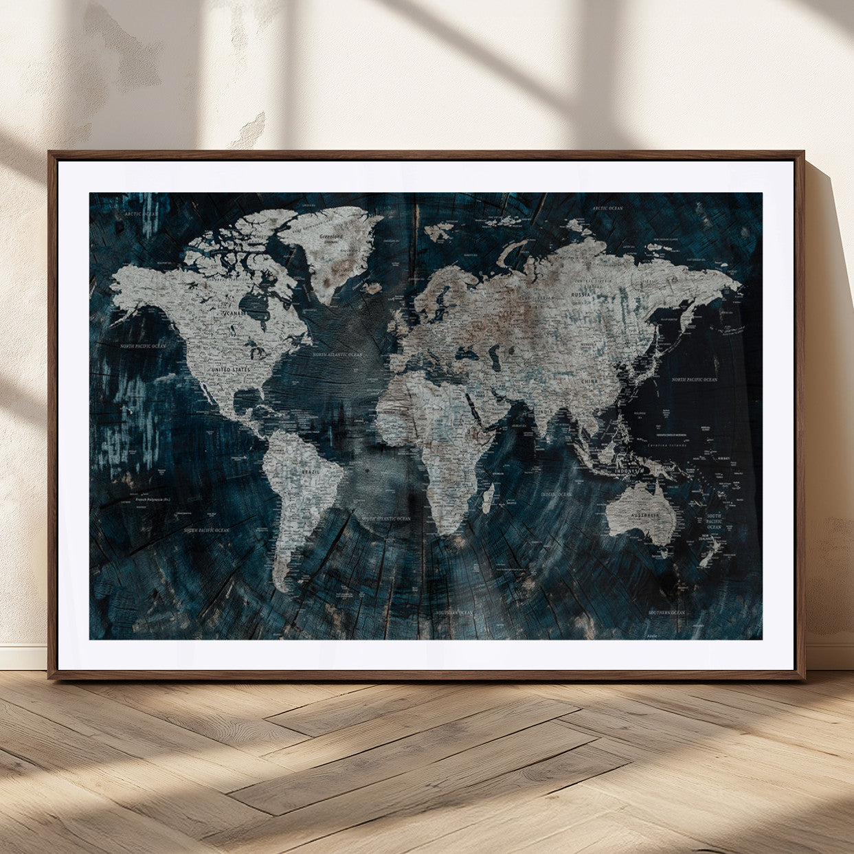 34425609-MGC-FP-36x24_Walnut-World Map Wall Art – Rustic Navy and Grey Atlas Canvas Print, Distressed Explorer Map Artwork, Industrial Style Decor for Office,