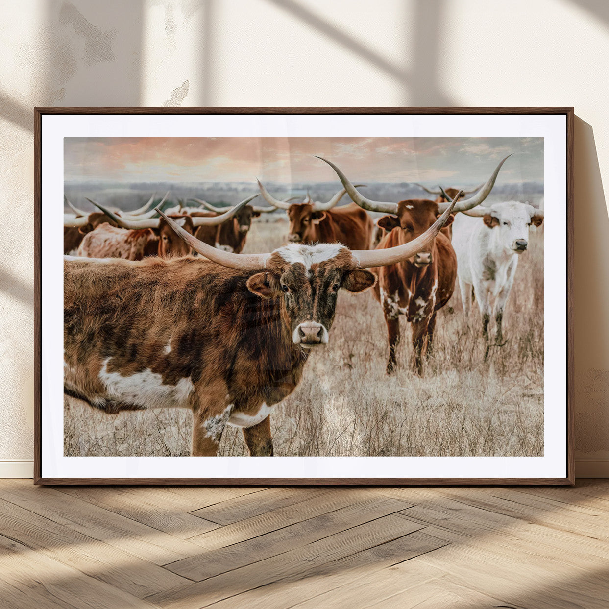 47758300-MGC-FP-36x24_Walnut-Texas Longhorn Cattle Wall Art – Rustic Western Herd Canvas Print, Cowboy Ranch Farmhouse Decor for Living Room, Office, or