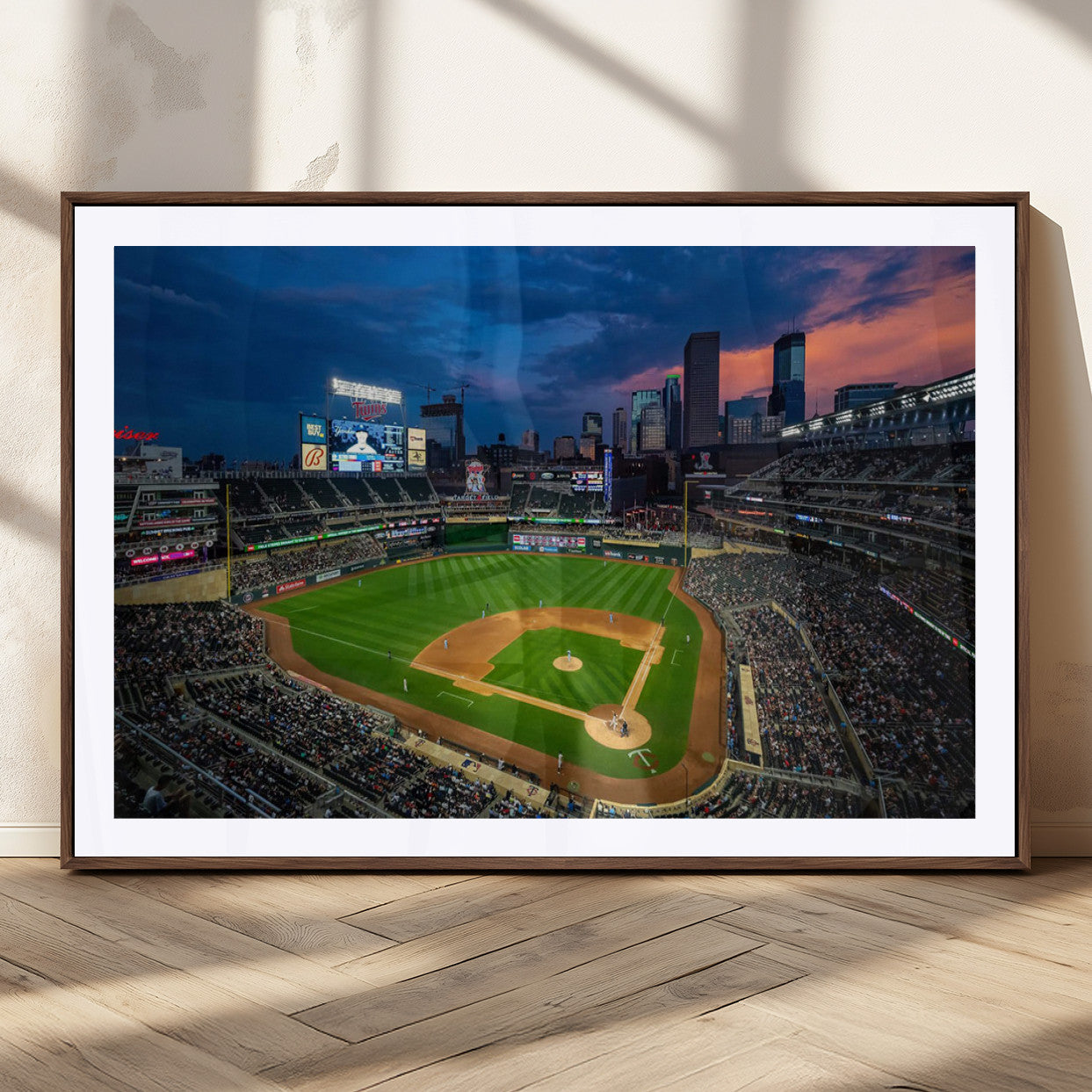 68222753-MGC-FP-36x24_Walnut-Baseball Stadium Wall Art – Panoramic Night Game Canvas Print, Sports Decor for Man Cave, Office, Bar, or Living Room
