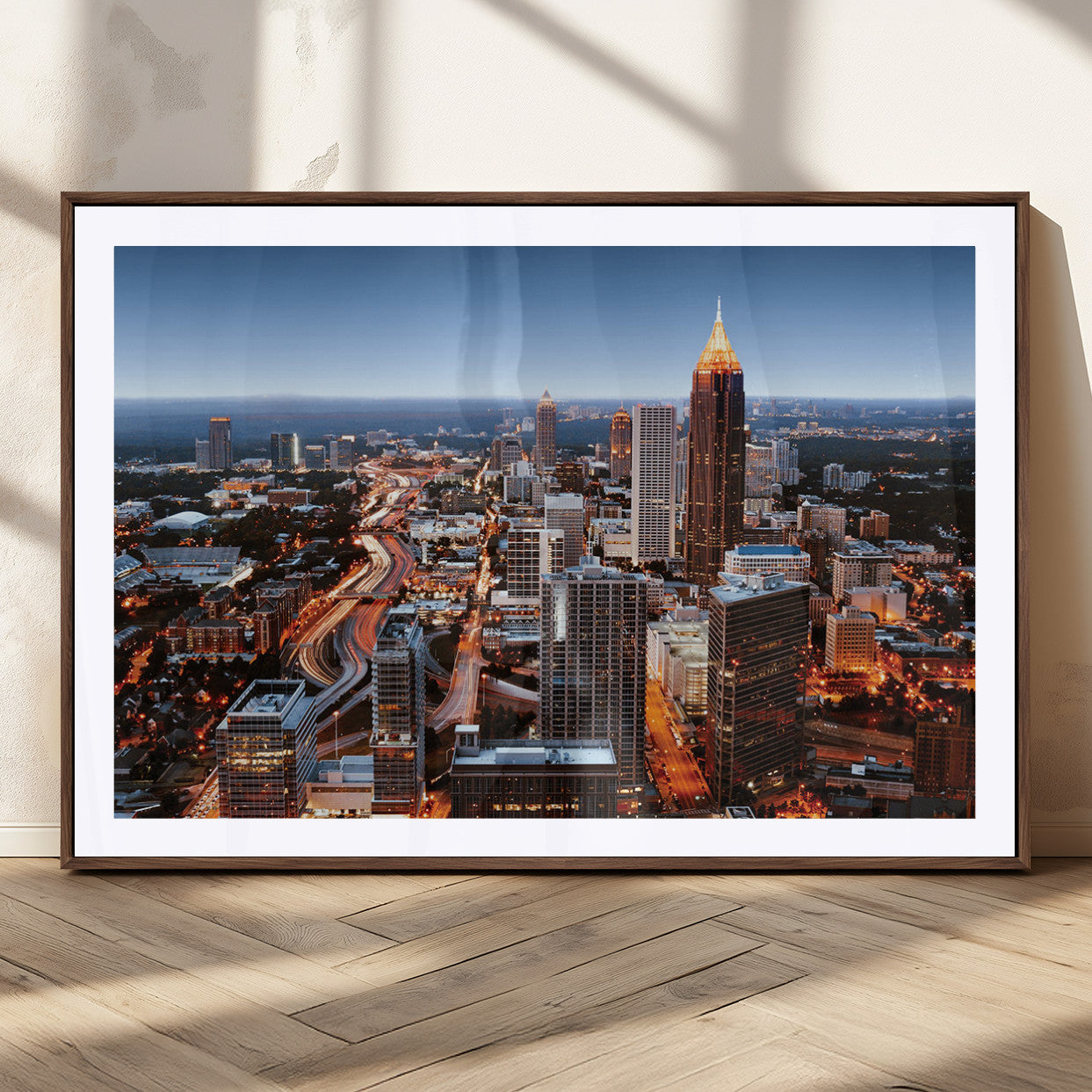 25096967-MGC-FP-36x24_Walnut-Atlanta Skyline Wall Art – Vibrant Cityscape Canvas Print, Modern Night Lights Urban Decor for Office, Living Room, or Apartment