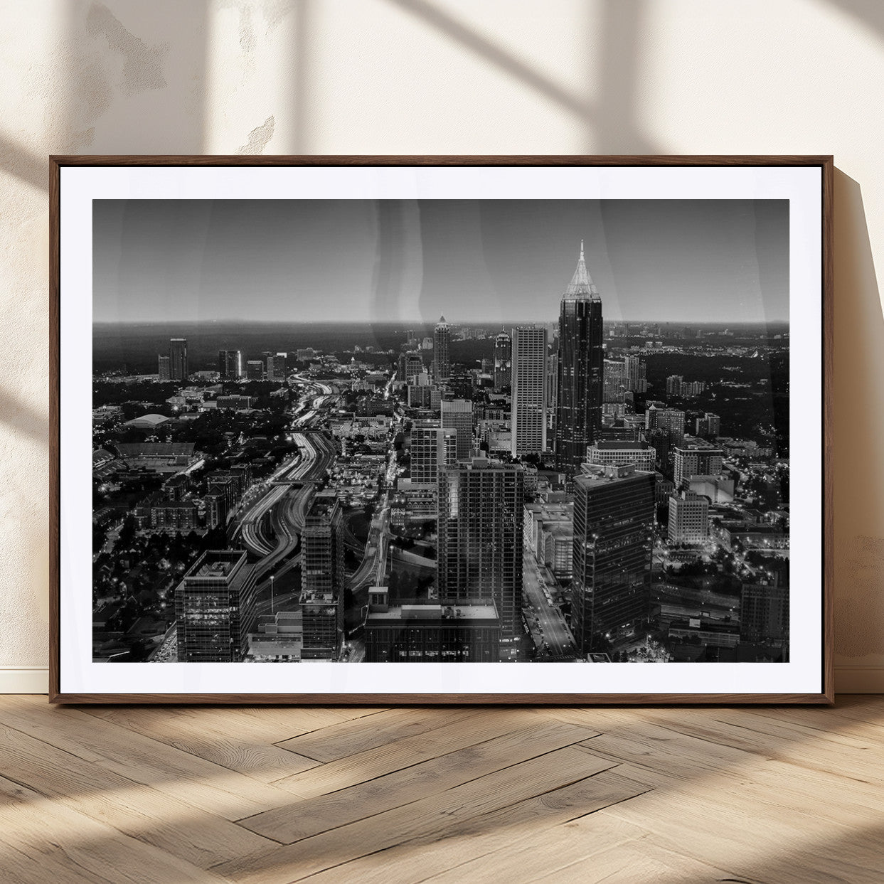 46578567-MGC-FP-36x24_Walnut-Atlanta Skyline Wall Art – Black and White Cityscape Canvas Print, Modern Urban Night Decor for Office, Living Room, or Apartment