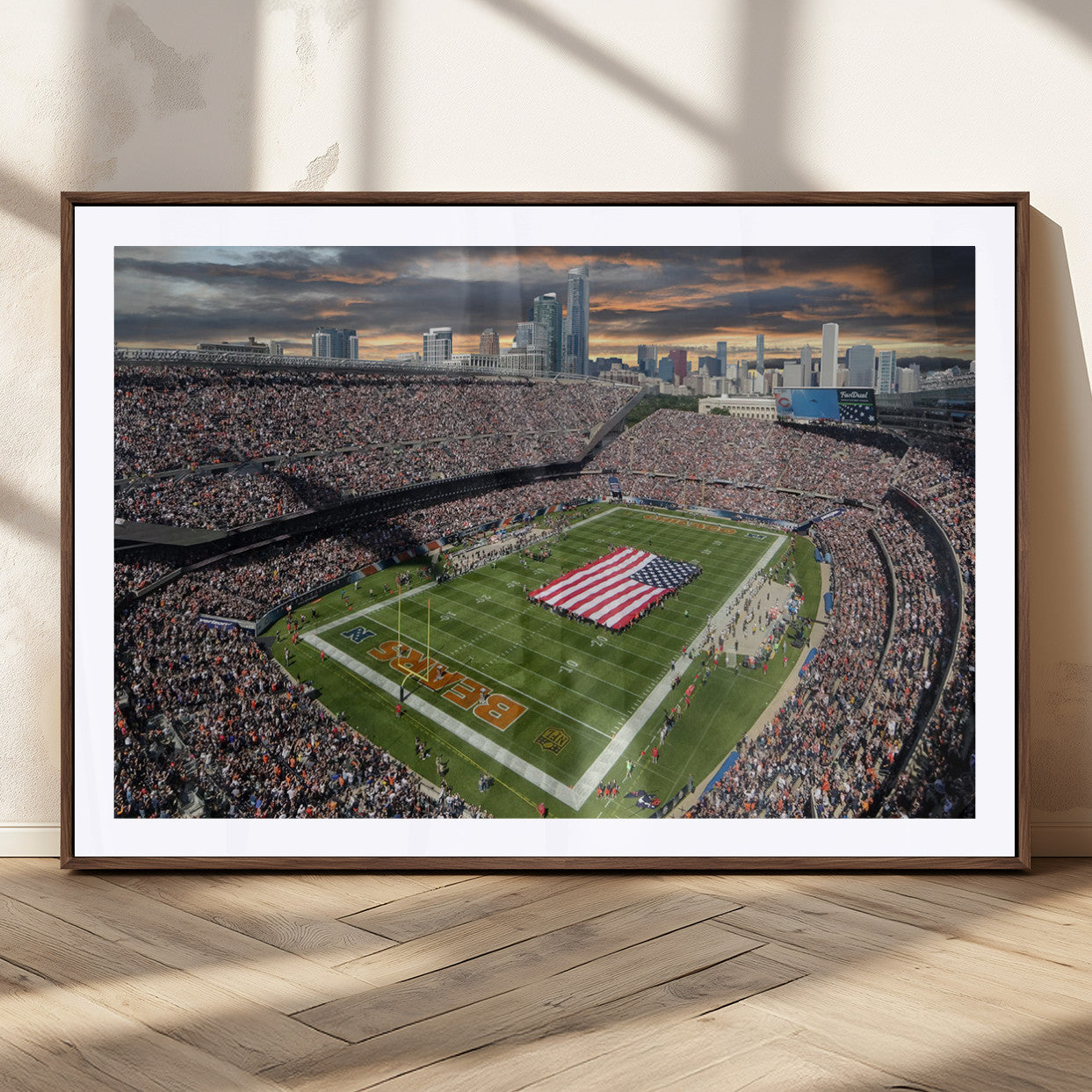 98106777-MGC-FP-36x24_Walnut-Soldier Field Wall Art – Chicago Bears Stadium Canvas Print with American Flag, Game Day Football Decor for Man Cave, Bar, or