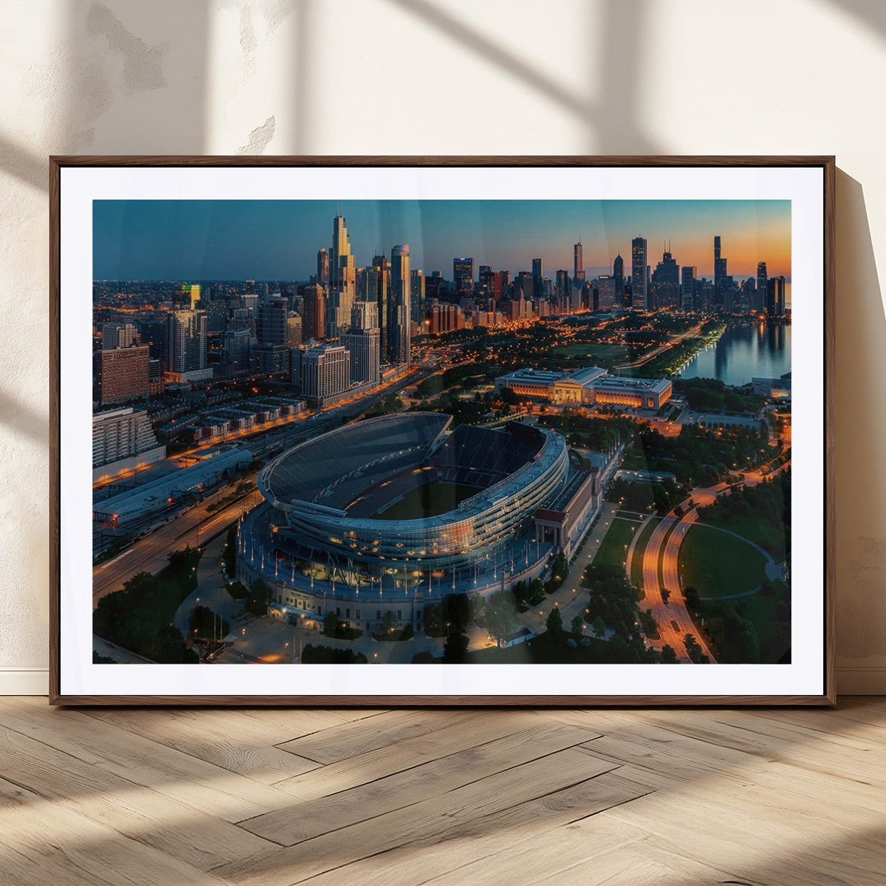 36690345-MGC-FP-36x24_Walnut-Soldier Field Wall Art – Chicago Bears Stadium Aerial Night Canvas Print, City Skyline Football Decor for Living Room, Office, or