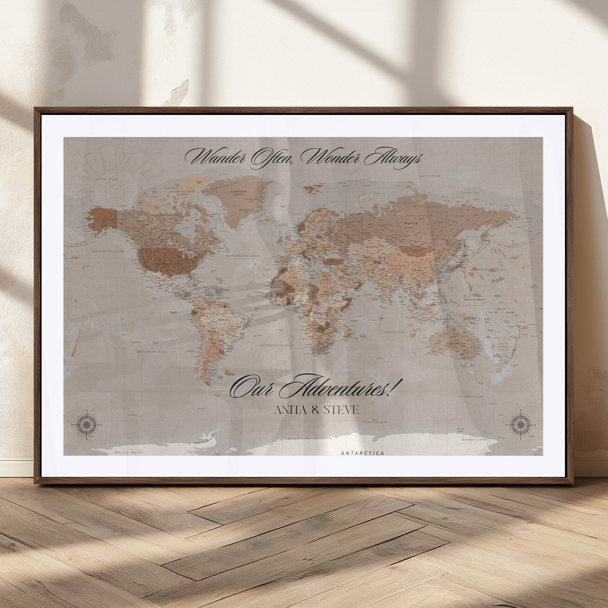 95243244-MGC-FP-36x24_Walnut-Wander Often Wonder Always World Map Wall Art – Neutral Beige Adventure Canvas Print, Rustic Boho Travel Decor for Bedroom, Living