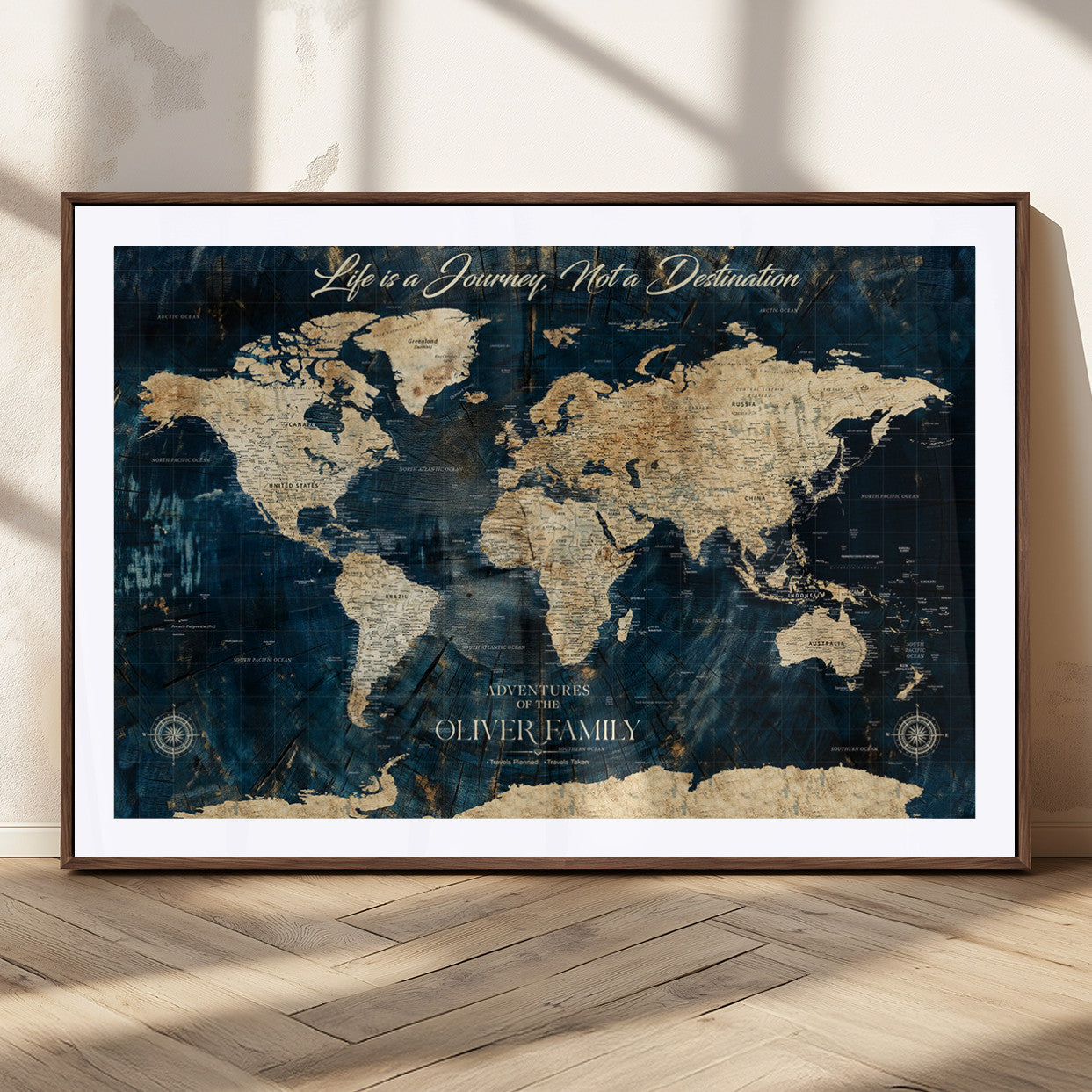 36970886-MGC-FP-36x24_Walnut-Life is a Journey Not a Destination World Map Rustic Navy Beige Vintage Travel Wall Art Adventure Quote Canvas Print for Home