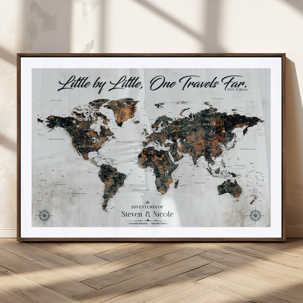 88337180-MGC-FP-36x24_Walnut-Little by Little One Travels Far Tolkien Quote World Map Rustic Black Brown Adventure Wall Art Canvas Print for Home Office Living