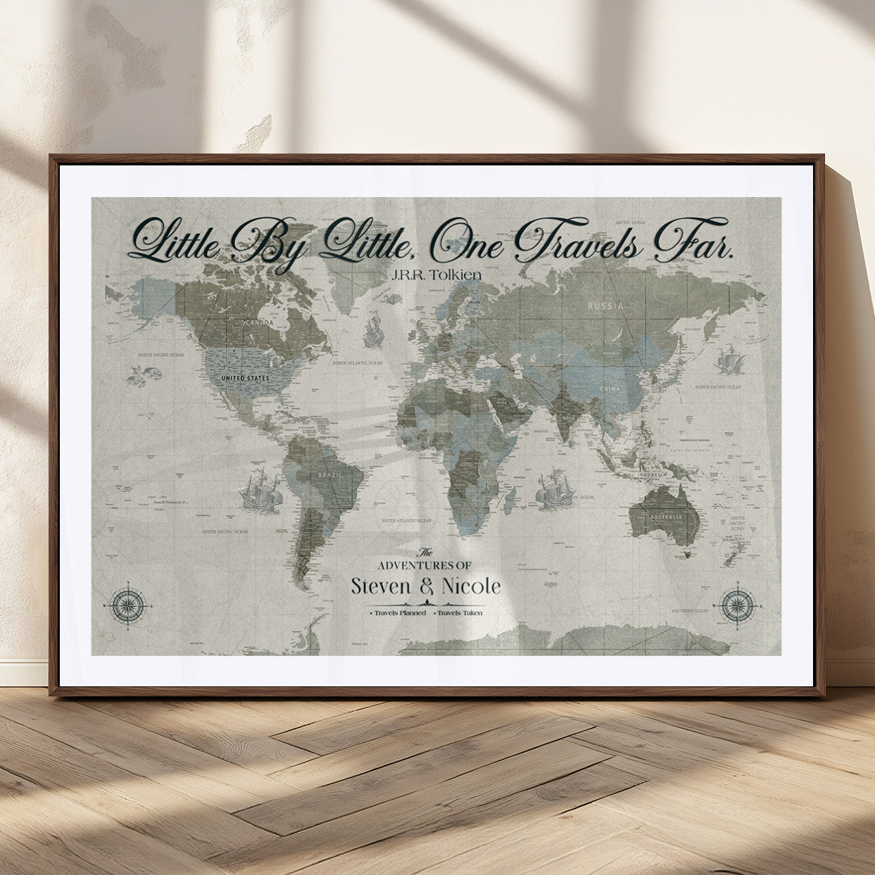 10693204-MGC-FP-36x24_Walnut-Little By Little One Travels Far Tolkien Quote Blue Green World Map Adventure Wall Art Canvas Print Rustic Wanderlust Travel Decor