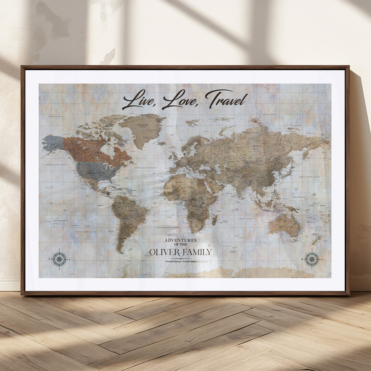 43924907-MGC-FP-36x24_Walnut-Live Love Travel Wall Art – Neutral World Map Canvas Print, Rustic Adventure Decor for Home, Office or Living Room, Unique Gift