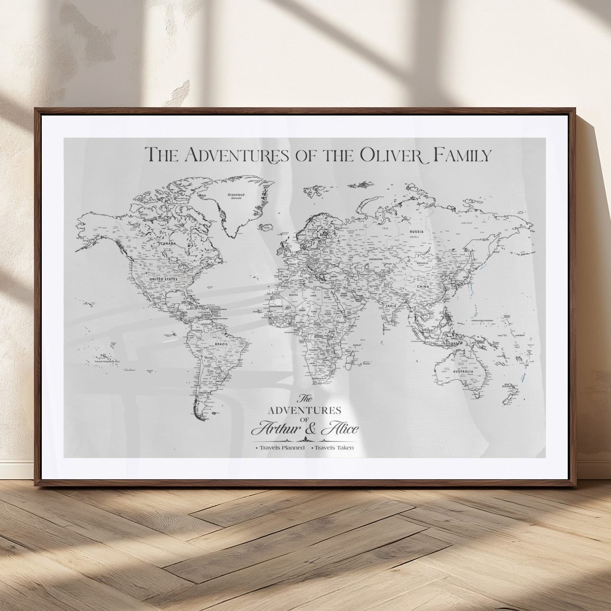 21029247-MGC-FP-36x24_Walnut-Minimalist World Map Wall Art – Black and White Travel Adventure Print, Modern Family Travel Map Decor for Living Room, Bedroom,