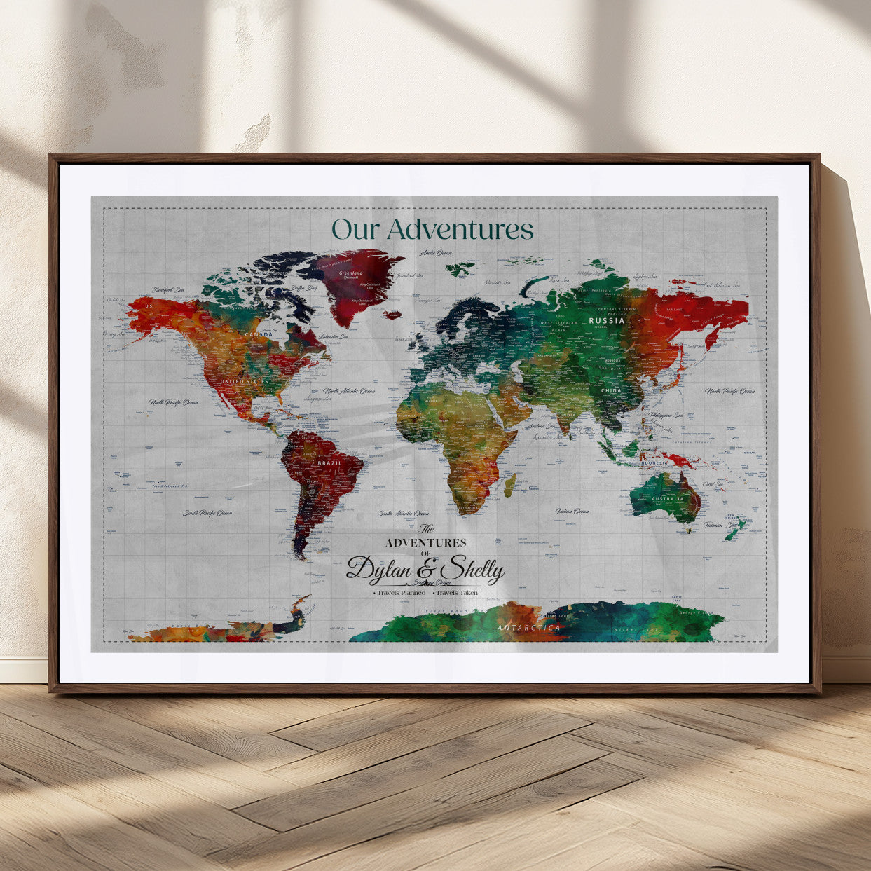 50035254-MGC-FP-36x24_Walnut-Personalized Colorful Push Pin World Map Canvas – Custom Framed Travel Tracker Wall Art with Pins, Unique Adventure Decor for Home, Office