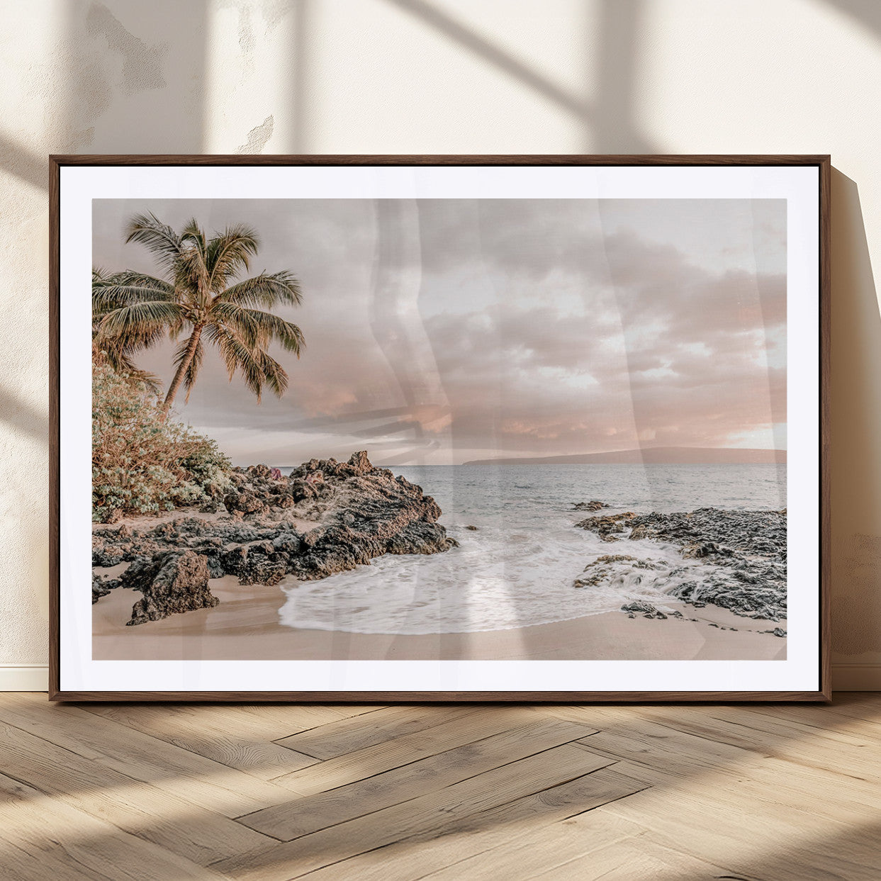 18005328-MGC-FP-36x24_Walnut-Tropical Beach Canvas Wall Art – Palm Tree, Rocky Shoreline, Ocean Waves, Sunset Clouds, Calm Sea, Island Nature Relaxation for