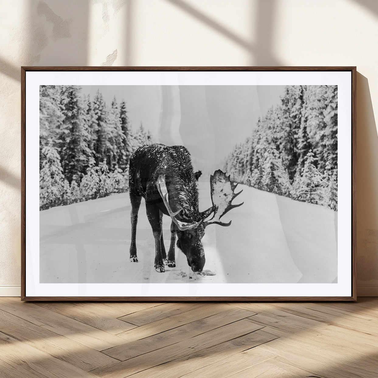 38956835-MGC-FP-36x24_Walnut-Moose Wall Art – Black and White Wildlife Canvas Print with Snowy Forest Road, Rustic Nature Photography for Cabin, Lodge, Living