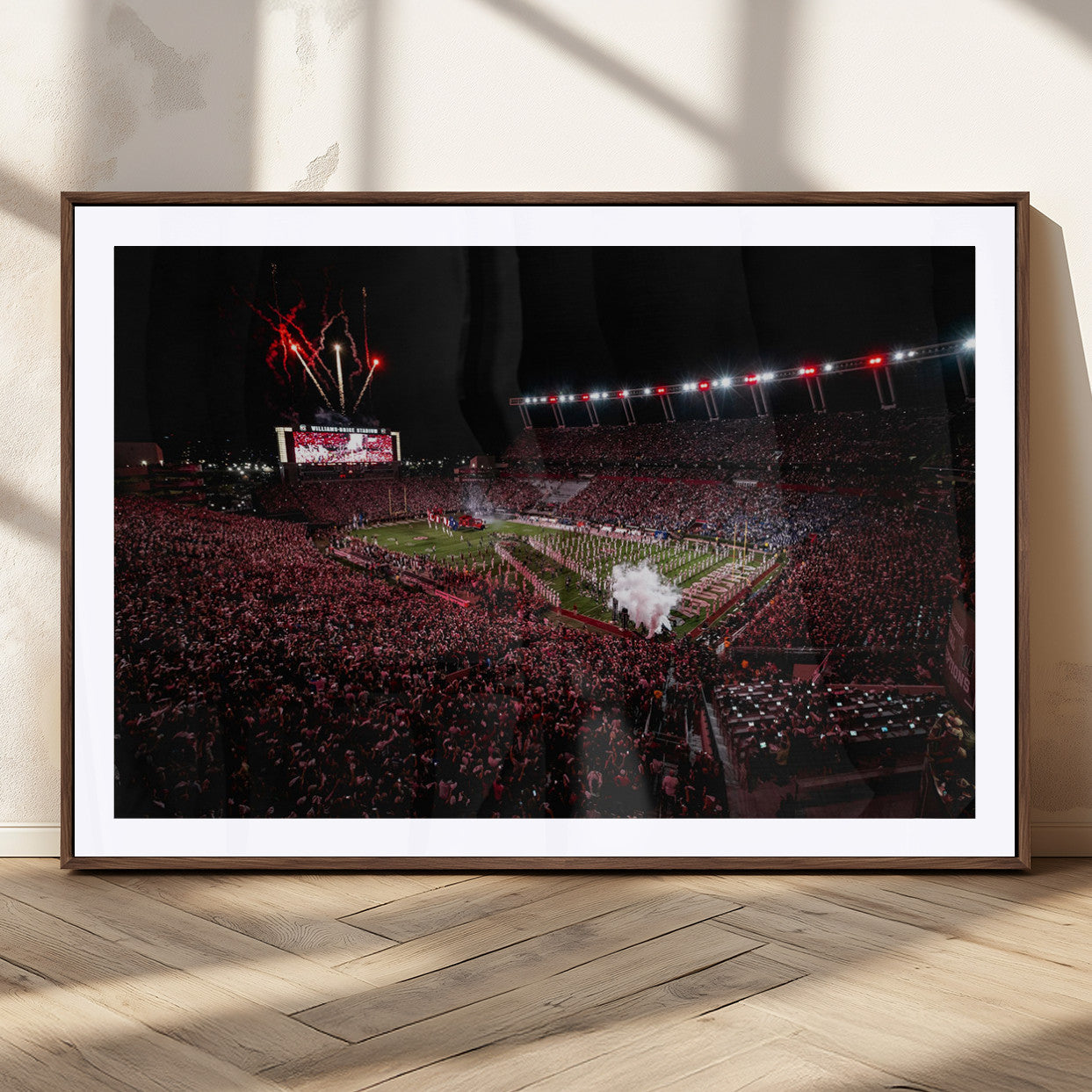 60690191-MGC-FP-36x24_Walnut-Stadium Wall Art – Night Game Football Canvas Print with Fireworks, Marching Band and Crowd, Panoramic Sports Photography for Man