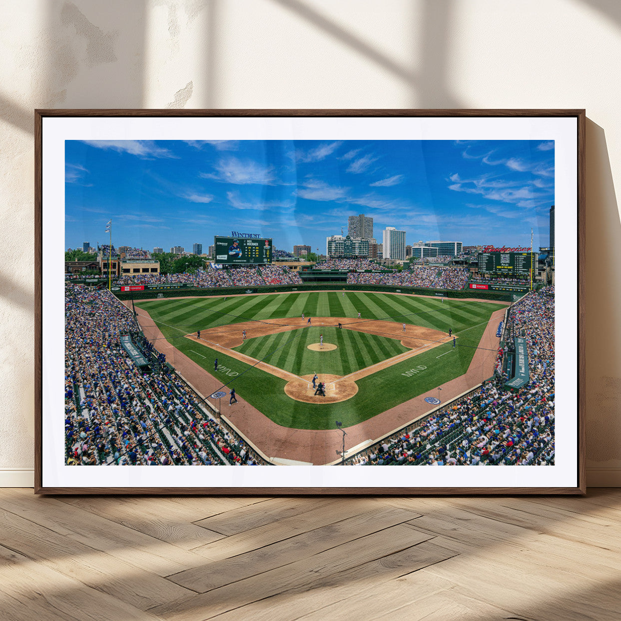 56213978-MGC-FP-36x24_Walnut-Wrigley Field Baseball Stadium Canvas Wall Art – Packed Crowd Sports Stadium Print, City Skyline Baseball Field Canvas for Game