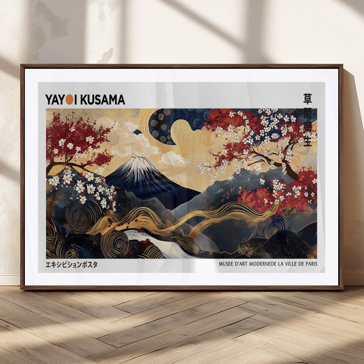 28945903-MGC-FP-36x24_Walnut-Japanese Wall Art – Mount Fuji Canvas Print with Cherry Blossoms and Golden Wave Motifs, Traditional Asian Inspired Artwork for