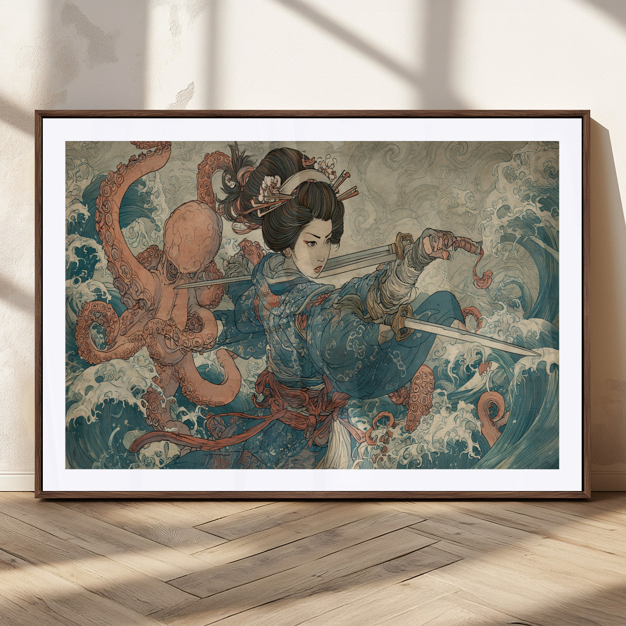 52037775-MGC-FP-36x24_Walnut-Samurai Woman Wall Art – Japanese Ukiyo e Style Canvas Print with Katana, Ocean Waves and Octopus, Traditional Asian Inspired
