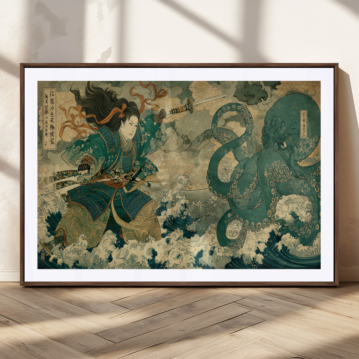 24416422-MGC-FP-36x24_Walnut-Samurai vs Octopus Wall Art – Japanese Warrior Ocean Battle Canvas Print, Ukiyo e Inspired Decor for Home, Office, or Man Cave