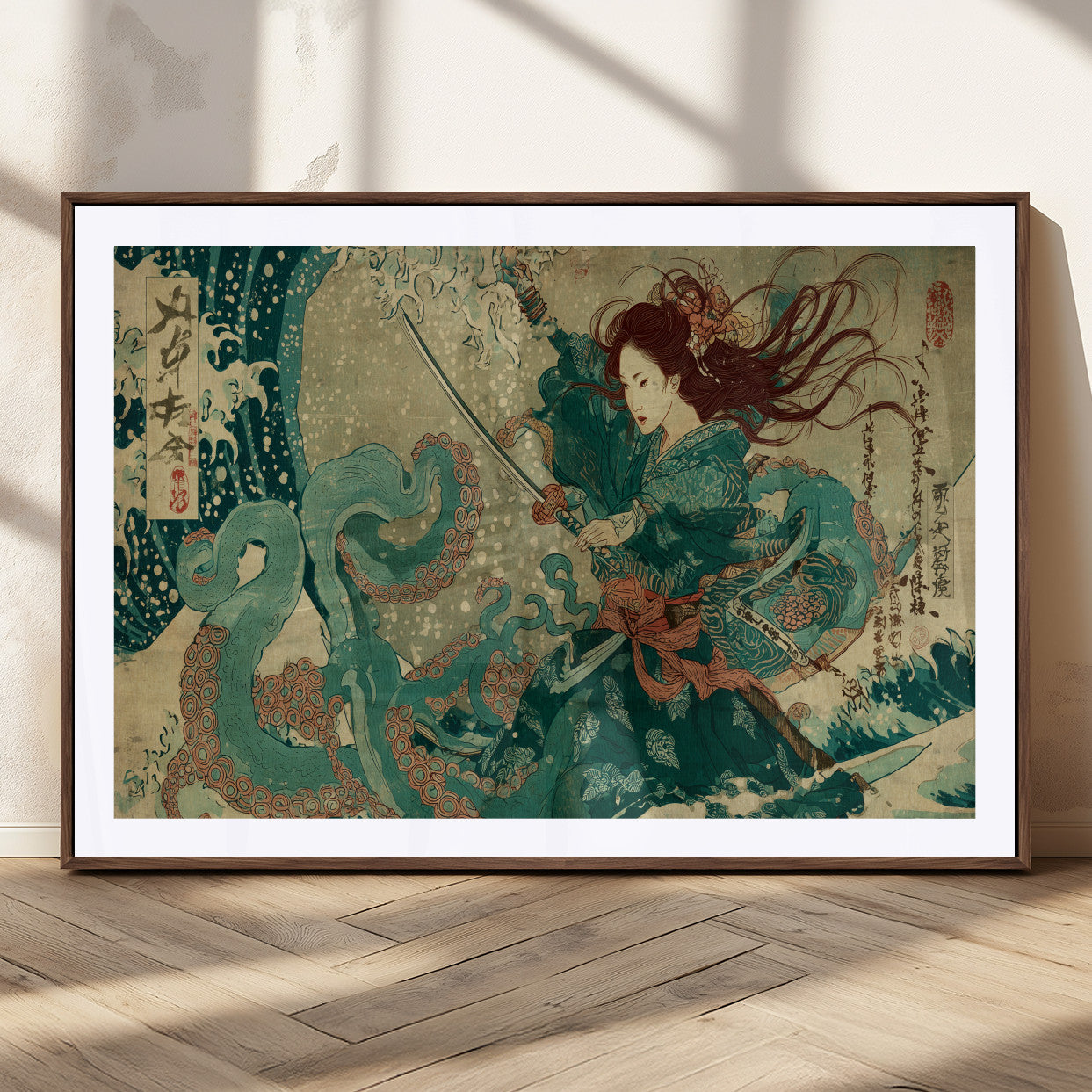 86918027-MGC-FP-36x24_Walnut-Samurai Warrior vs Octopus Wall Art – Japanese Ukiyo-e Ocean Battle Canvas Print, Traditional Samurai Artwork for Living Room,