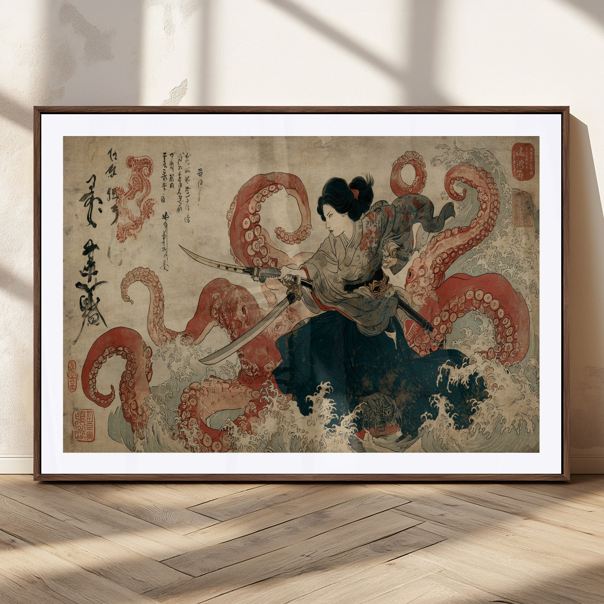 50812504-MGV-CV-36X24-Tsukioka Yoshitoshi Samurai Wall Art Print, Japanese Katana Warrior Canvas Wall Art, Octopus Sea Monster Canvas Print,