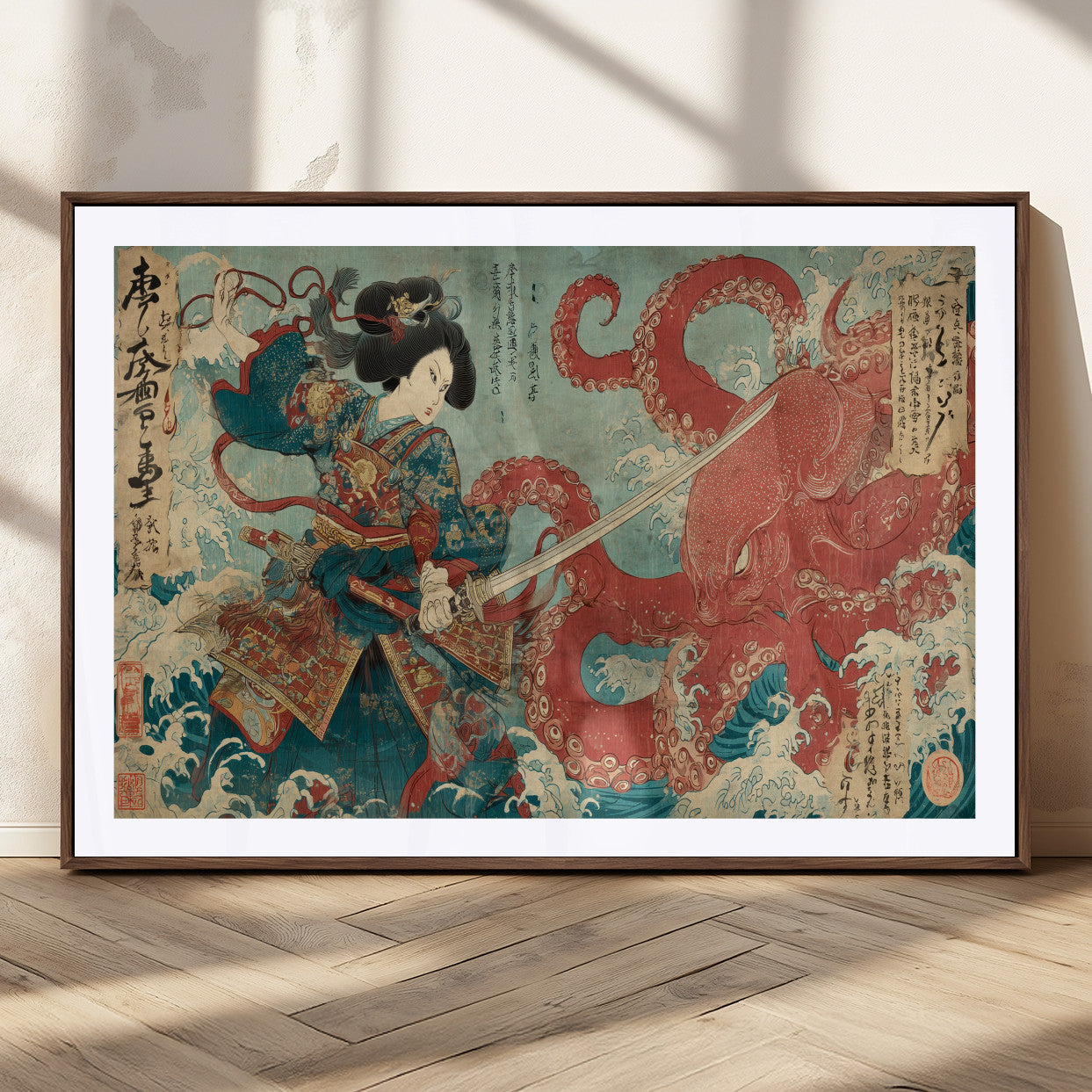 68844327-MGV-CV-36X24-Tsukioka Yoshitoshi Samurai Wall Art Print, Japanese Katana Warrior Canvas Wall Art, Octopus Sea Monster Canvas Print,