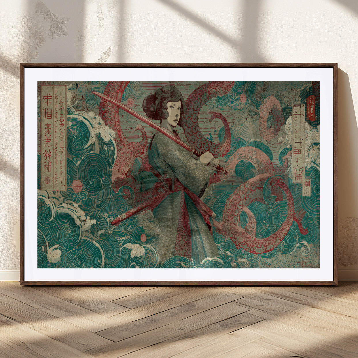 91666601-MGC-FP-36x24_Walnut-Samurai Woman vs Octopus Wall Art – Japanese Ukiyo-e Green Robe Canvas Print, Ocean Battle Artwork for Living Room, Office, Man