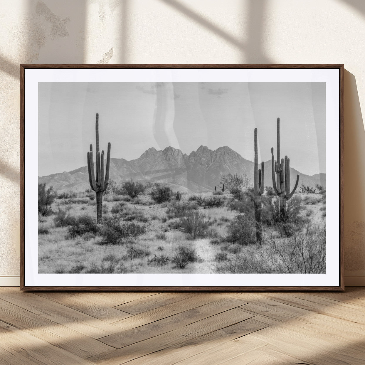 97436PHN-MGC-FP-36x24_Walnut-Desert Landscape Wall Art – Black and White Cactus and Mountain Canvas Print, Southwestern Nature Photography for Living Room,