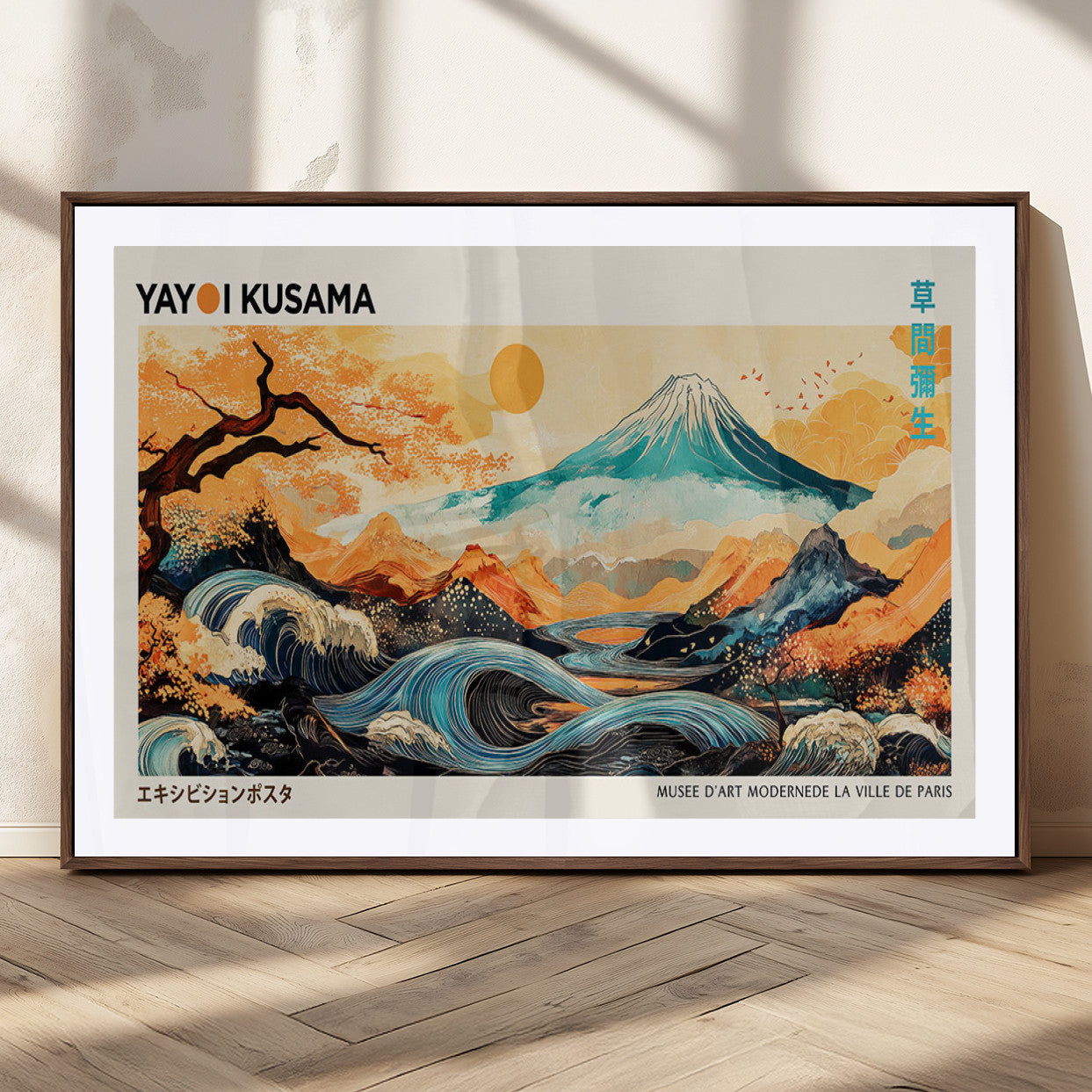 94085549-MGV-CV-36X24-Yayoi Kusama Inspired Japanese Landscape Art Print – Vibrant Mount Fuji, Waves & Autumn Trees, Modern Decorative Poster for