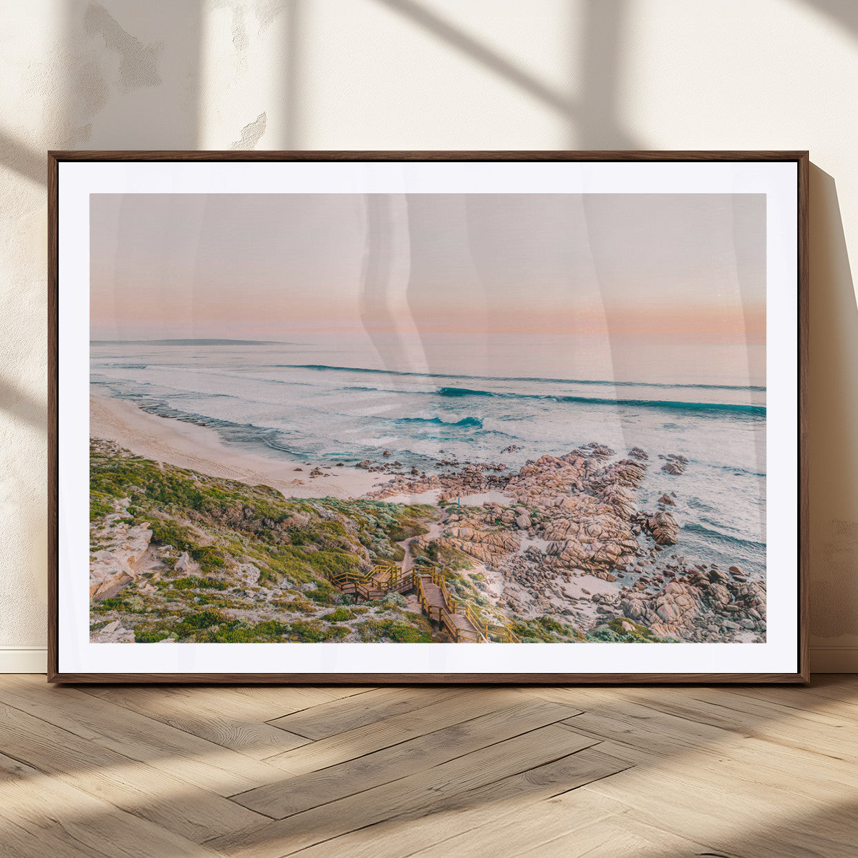 27332135-MGC-FP-36x24_Walnut-Coastal Sunset Wall Art – Ocean Waves and Rocky Shore Canvas Print, Scenic Seaside Photography Decor for Bedroom, Living Room,