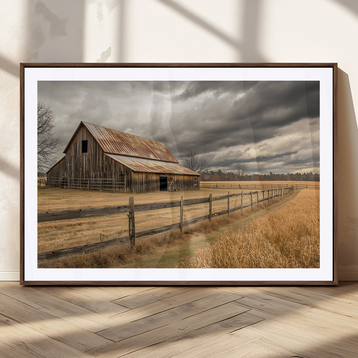 21991117-MGC-FP-36x24_Walnut-Rustic Barn Wall Art – Weathered Farmhouse Canvas Print, Stormy Sky and Golden Field Photography Decor for Bedroom, Living Room,